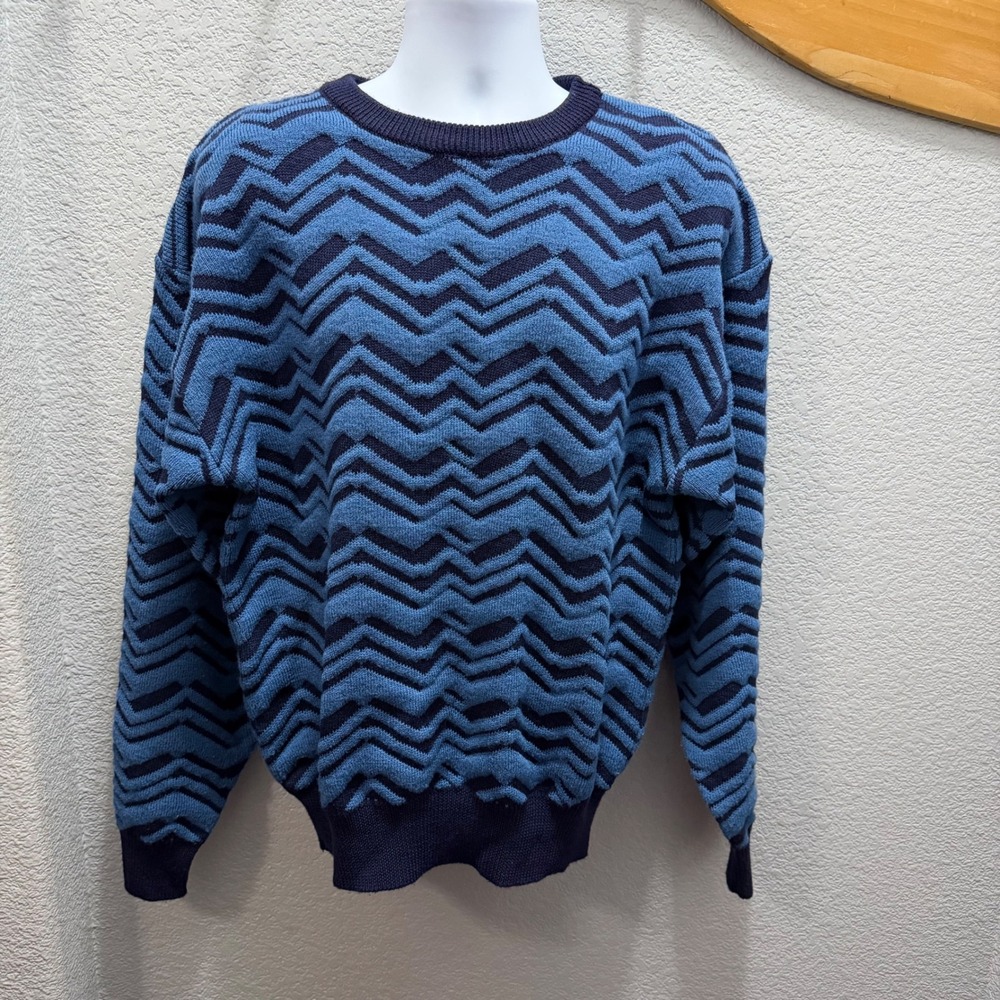 Vtg Neiman Marcus Mens XL Blue‎ Black Zig Zag Knit Sweater Long Sleeve 100% Wool
